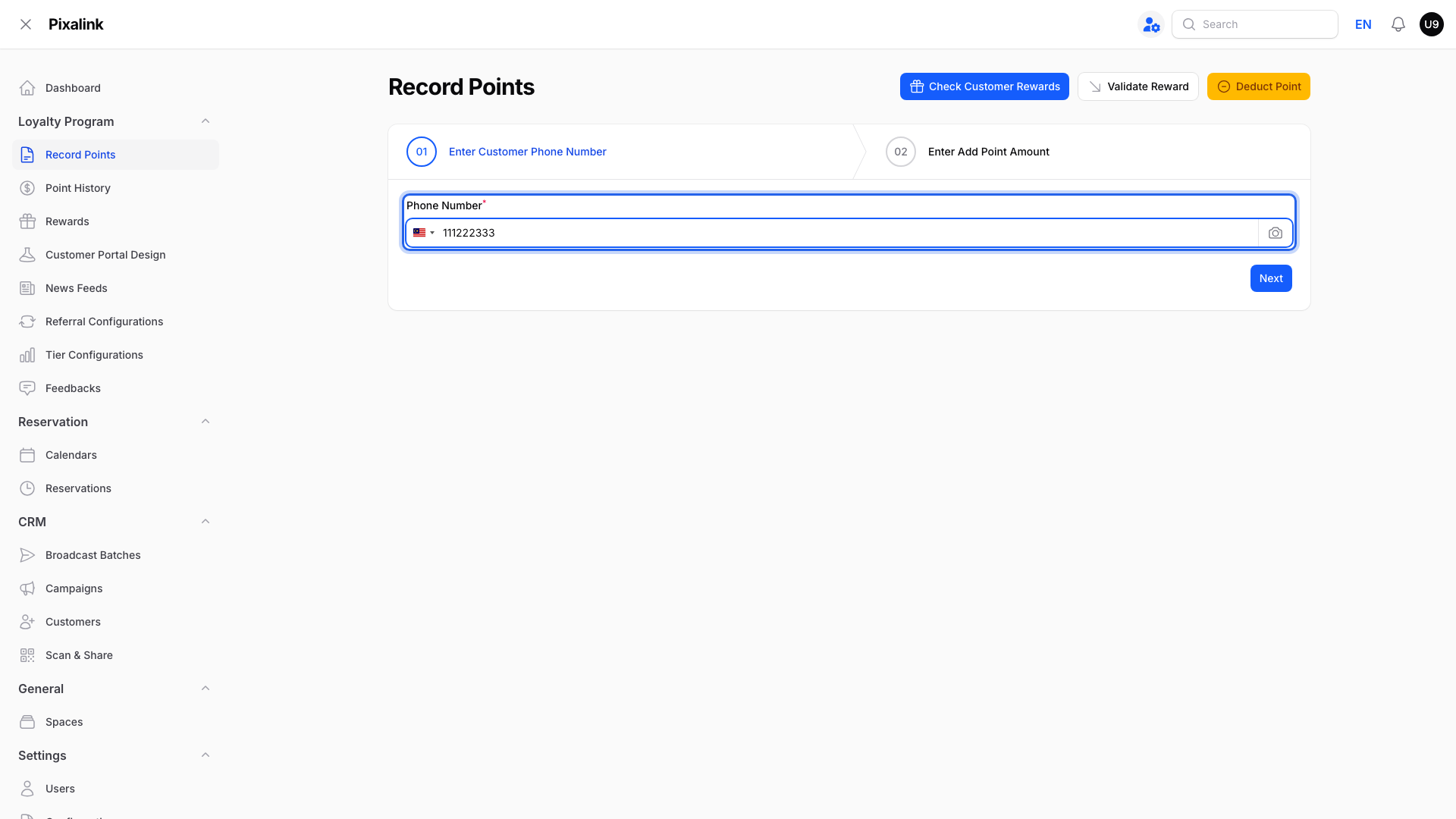 Record Points page with the customer's phone number filled into the Phone Number field