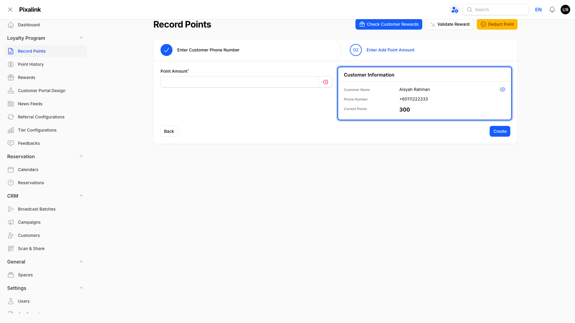 Record Points step two with the Customer Information panel highlighted showing the customer's name, phone number and points