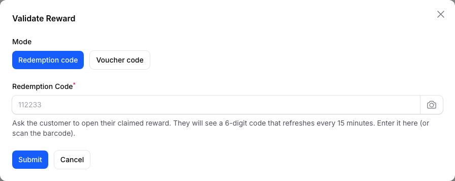 Validate Reward window with the Redemption Code box and its camera scan button