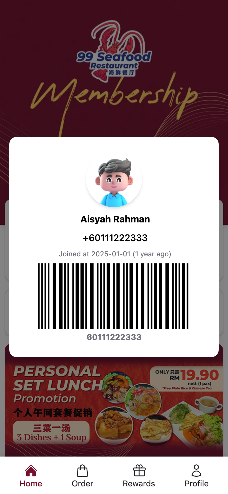 Customer portal member card pop-up showing the customer's barcode