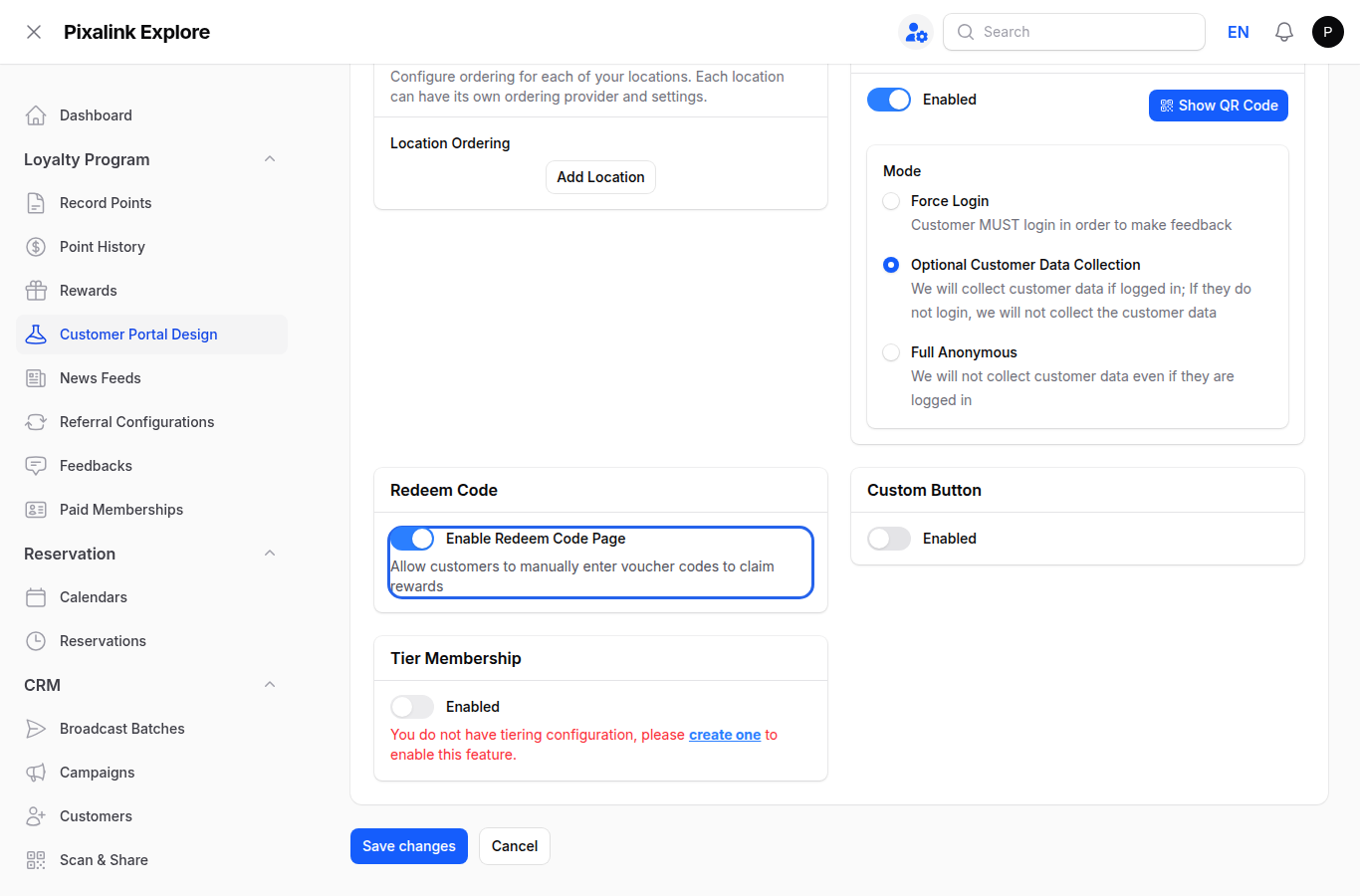Customer Portal Design Feature tab with the Enable Redeem Code Page toggle switched on and highlighted