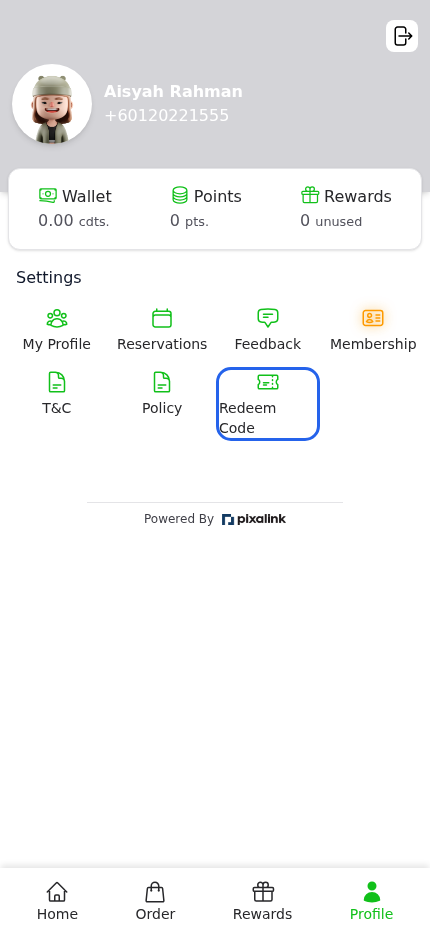Customer portal Profile page with the Redeem Code shortcut highlighted under Settings