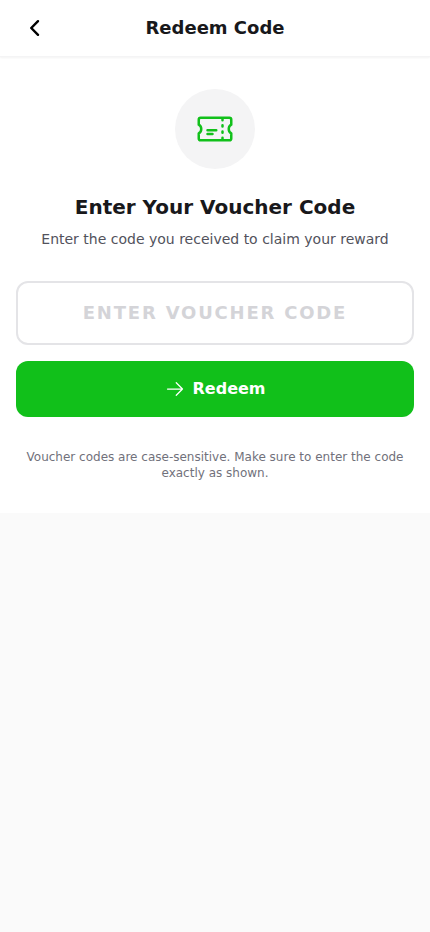 Customer portal Redeem Code page with a voucher code input field and Redeem button