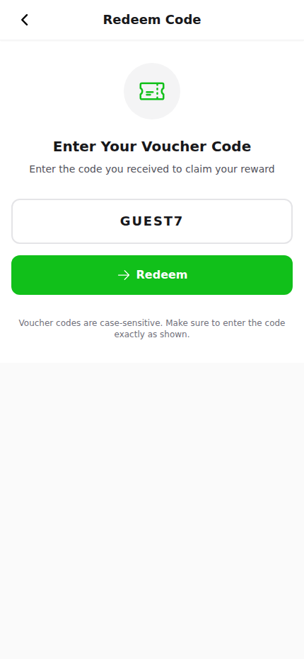 Customer portal Redeem Code page with a sample voucher code typed into the input field before tapping Redeem