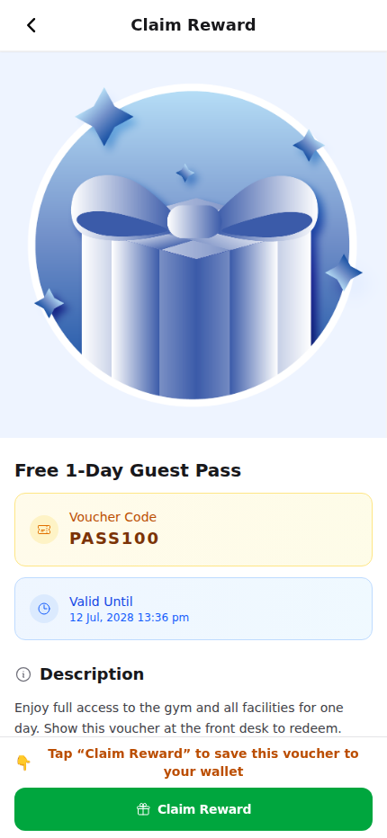 Customer portal Claim Reward page showing the reward name, voucher code, expiry, description and a Claim Reward button
