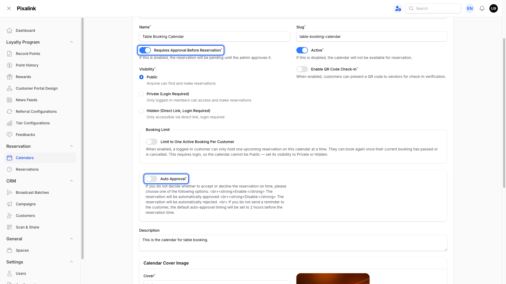 Calendar edit Details tab with Requires Approval Before Reservation turned on and Auto Approval turned off