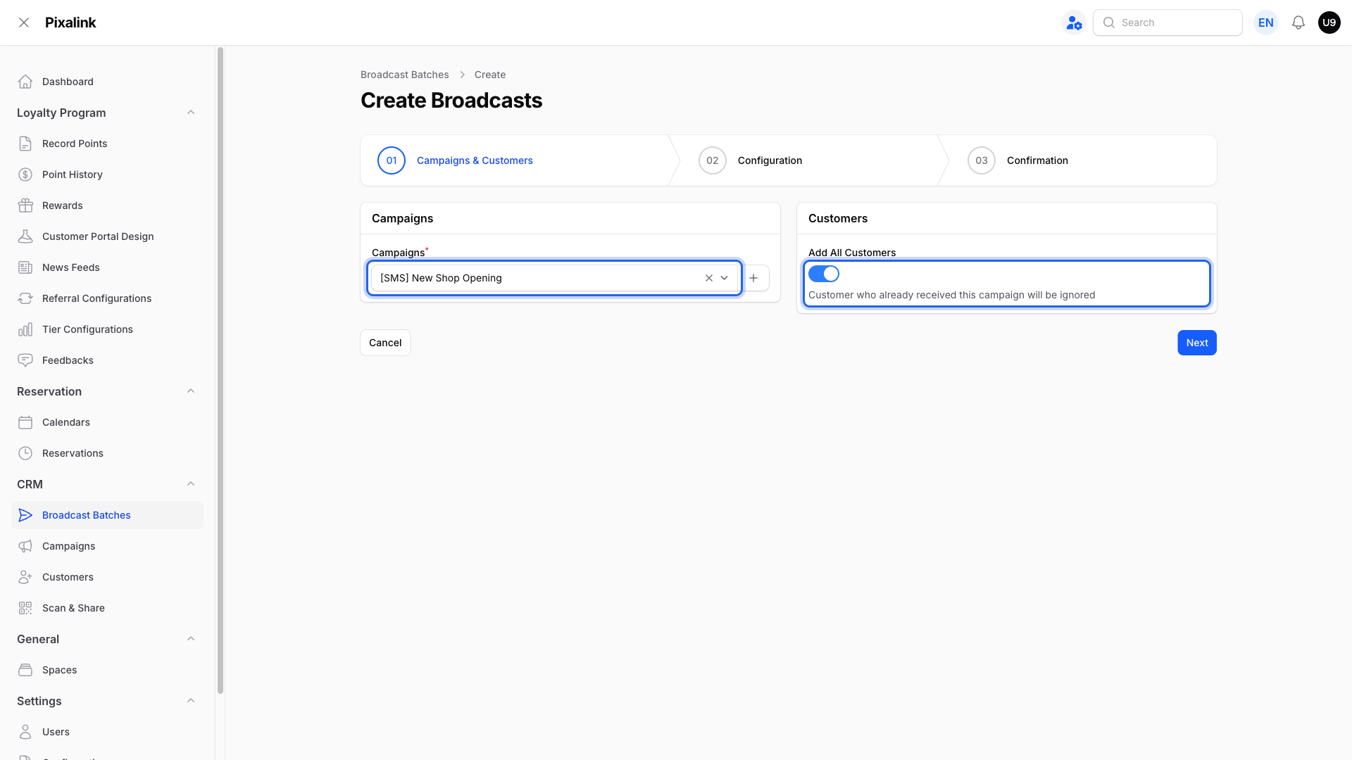 Create Broadcasts page showing the note that customers who already received this campaign will be ignored