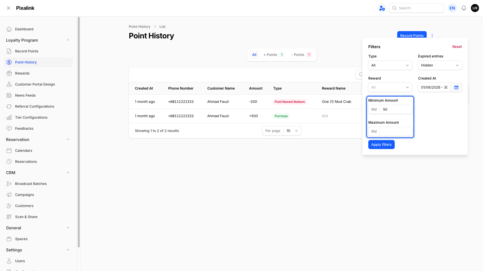 Point History filter panel with a June date range and Minimum Amount set to RM50 highlighted