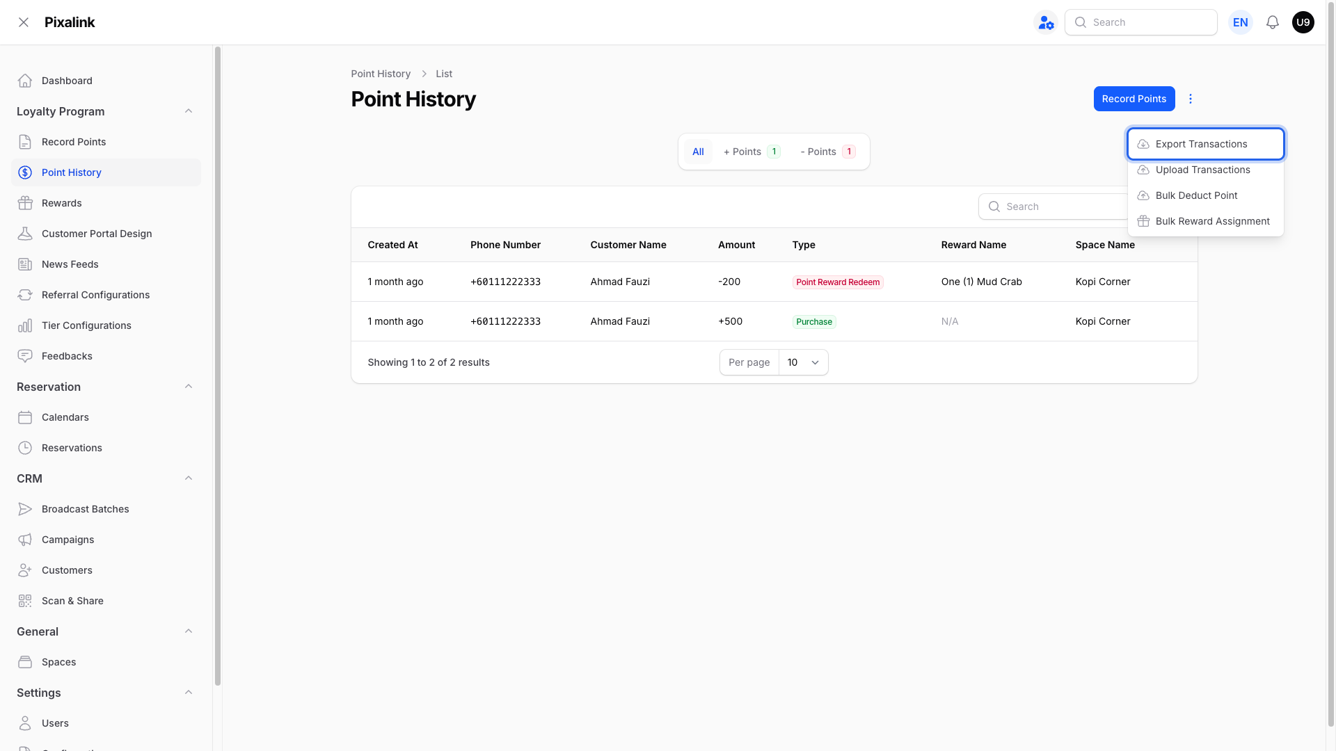 Point History Actions menu open with Export Transactions highlighted