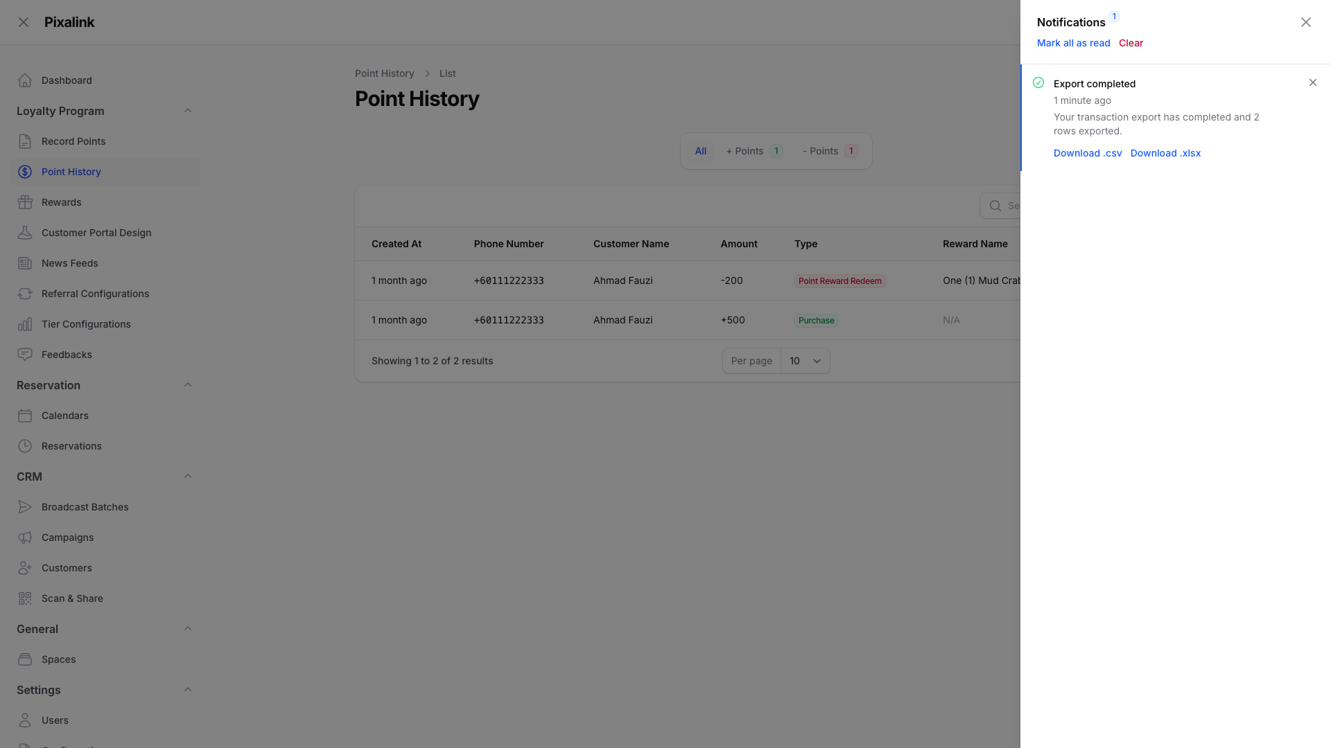 Notifications panel showing the transaction export completed with Download links, highlighted
