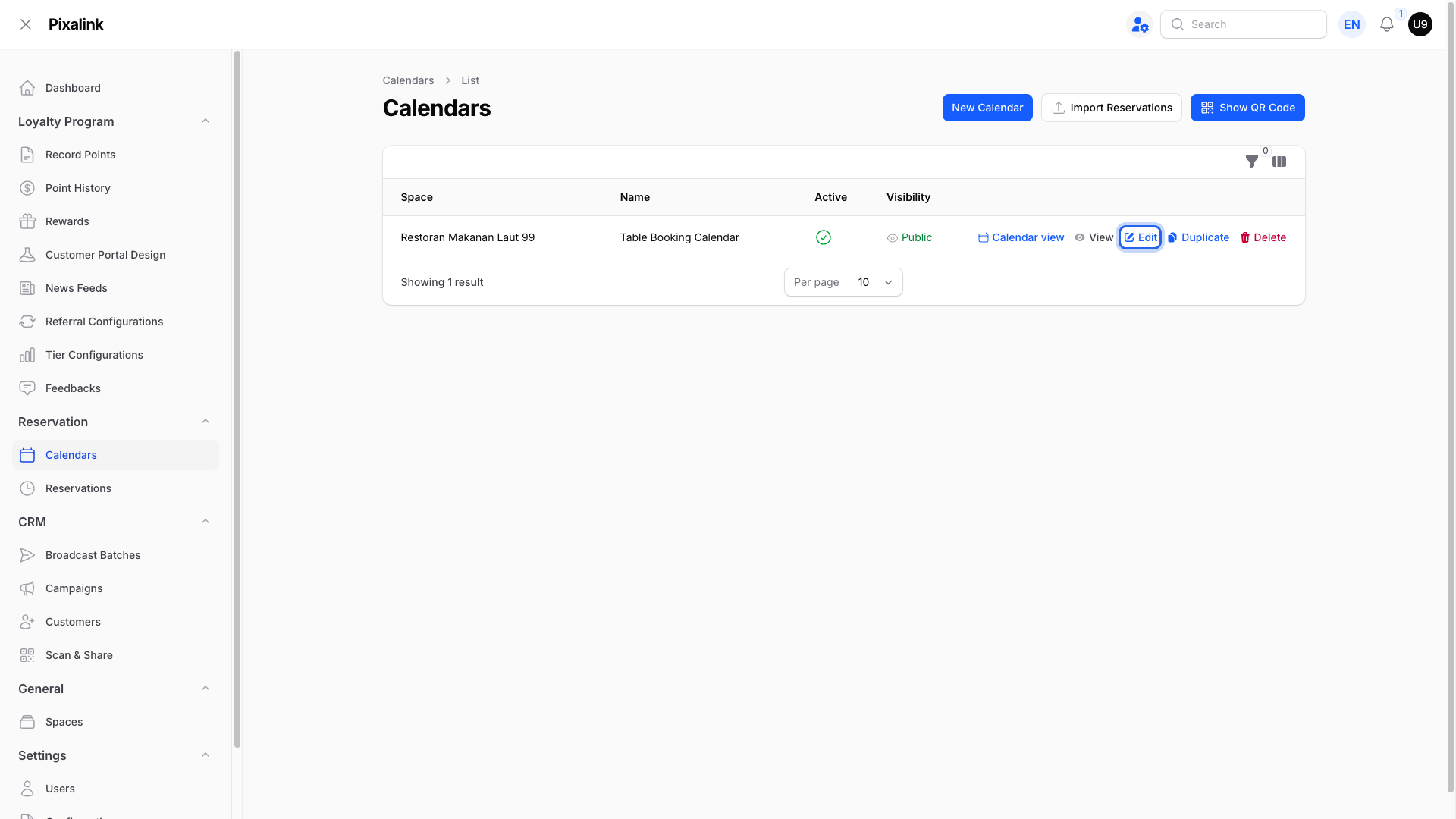 Calendars list in the admin panel with the Edit action highlighted on a calendar row