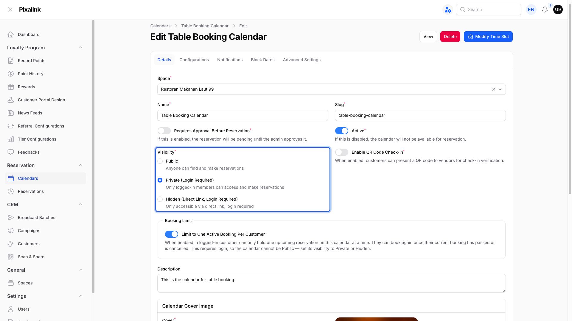 Calendar edit form with the Visibility options highlighted and Private (Login Required) selected