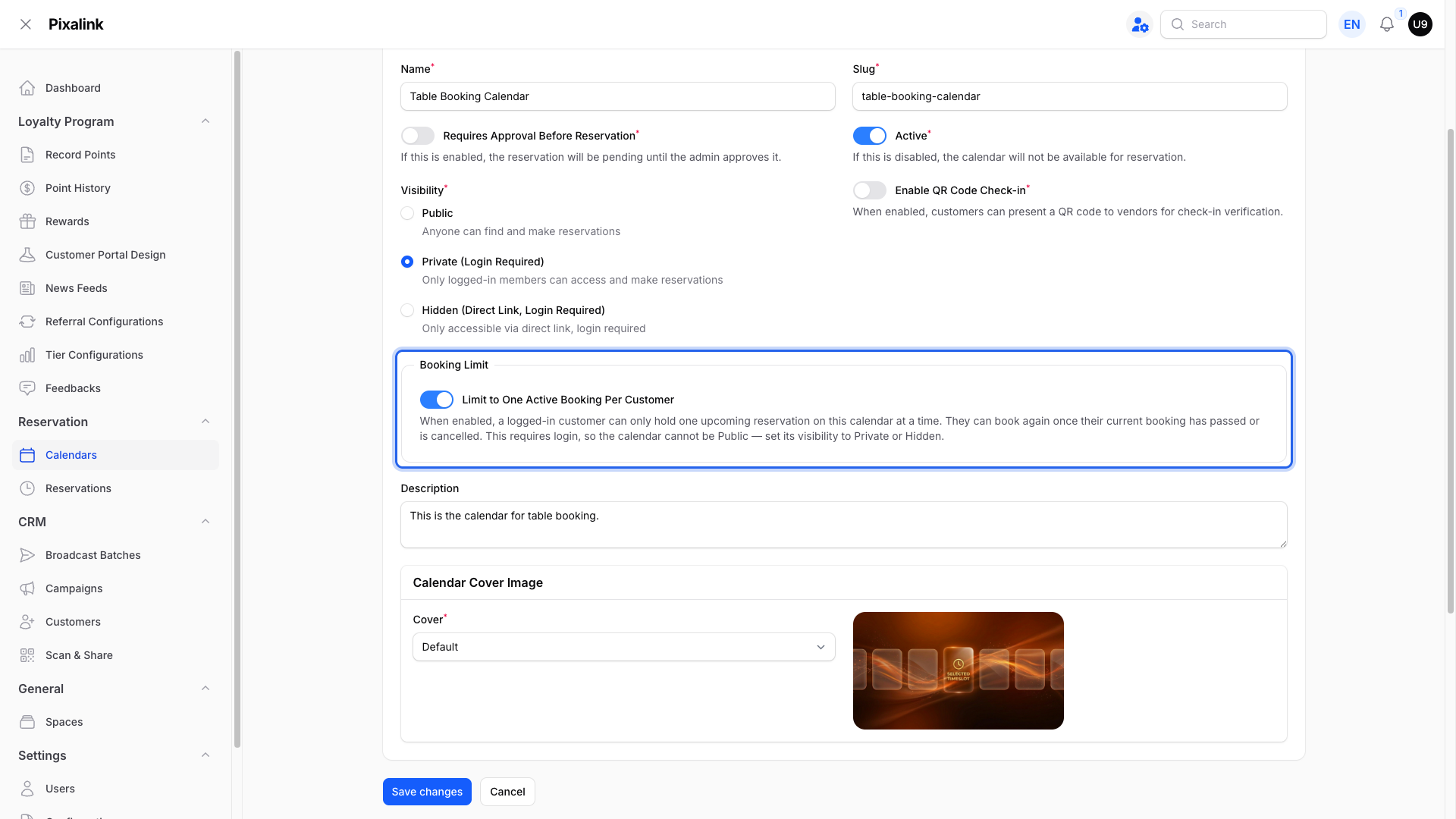 Booking Limit section highlighted with the Limit to One Active Booking Per Customer toggle switched on