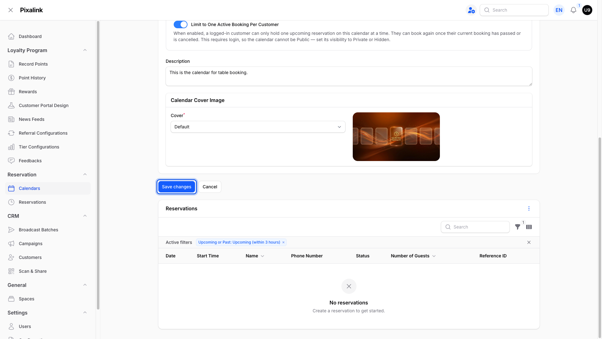 Calendar edit form with the Save changes button highlighted