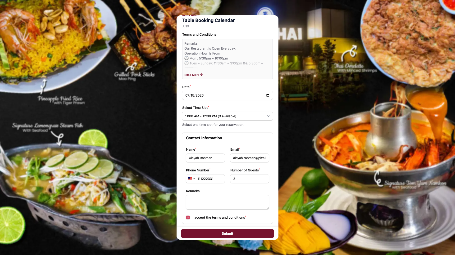 Customer reservation page with the booking form filled in, ready to submit a first booking