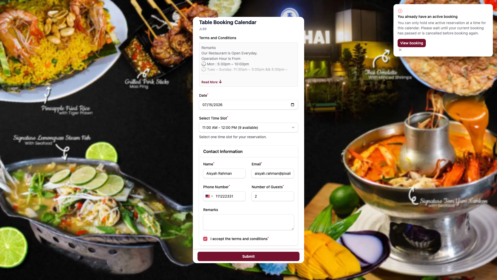 Customer reservation page showing the message You already have an active booking with a View booking button