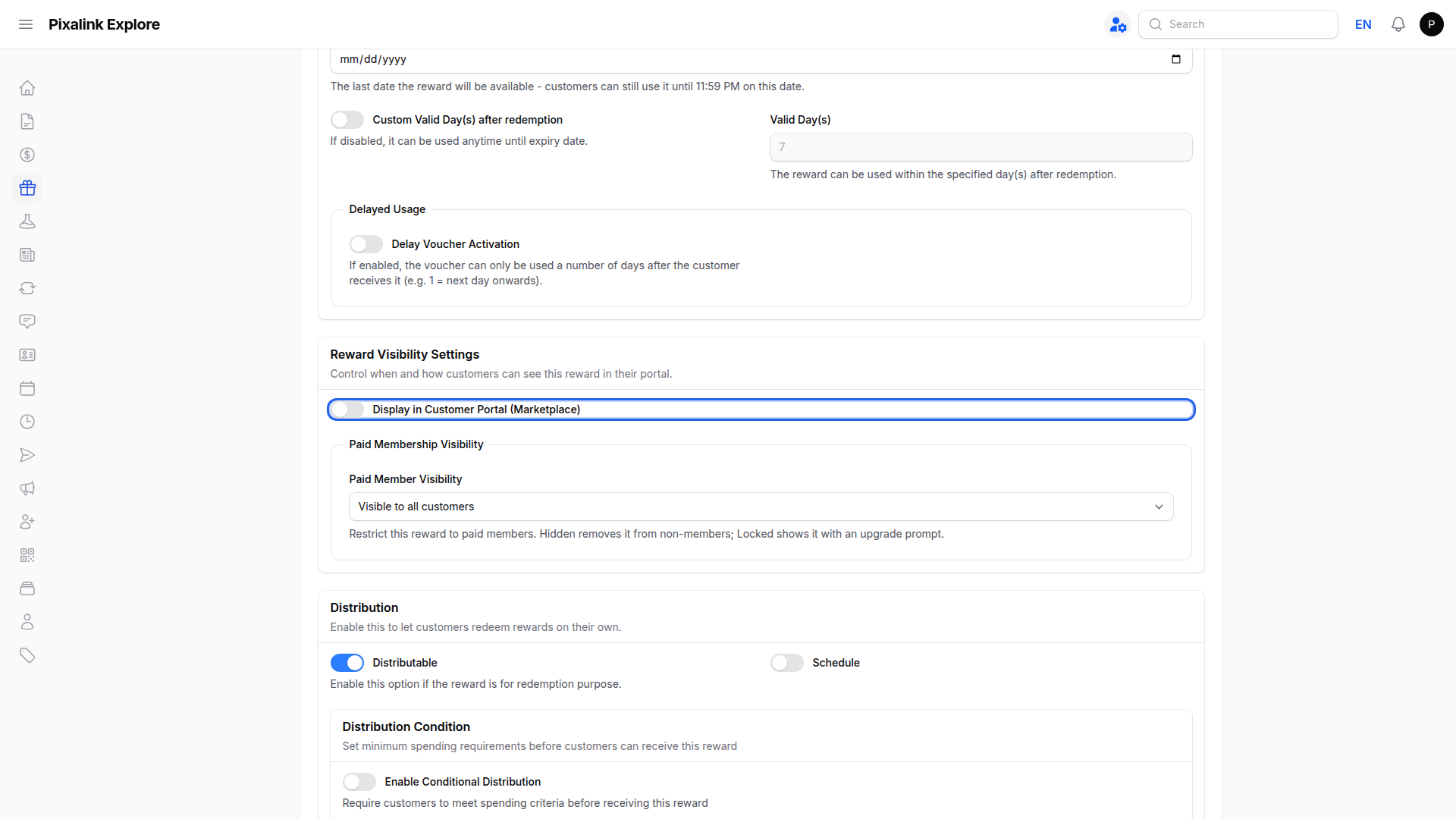 Reward Settings tab with the Display in Customer Portal Marketplace toggle switched off and highlighted