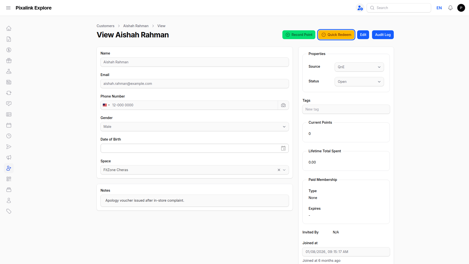 Customer profile page with the Quick Redeem button highlighted at the top right