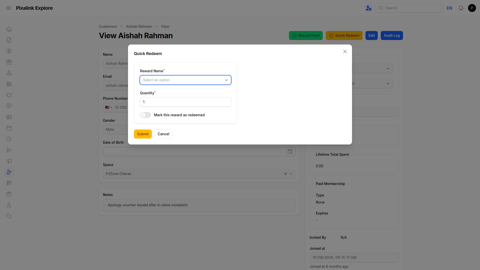 Quick Redeem modal showing Reward Name, Quantity and Mark as redeemed fields