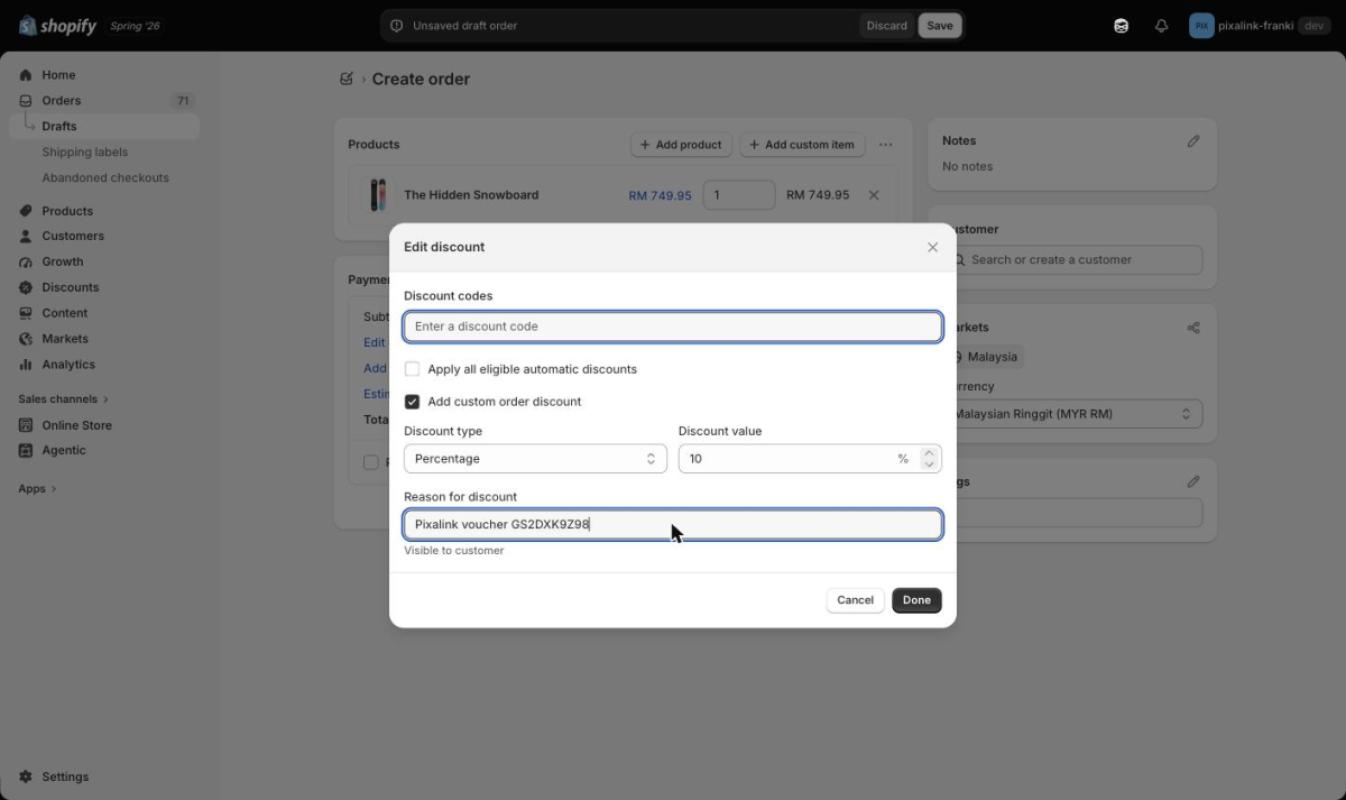 Shopify draft order Edit discount modal with Add custom order discount checked, Percentage 10% and reason "Pixalink voucher GS2DXK9Z98"
