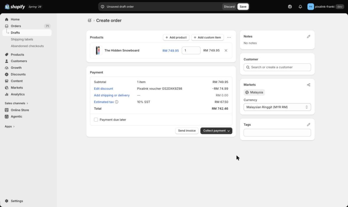 Shopify draft order payment card showing "Pixalink voucher GS2DXK9Z98" discount of -RM74.99 applied to the order