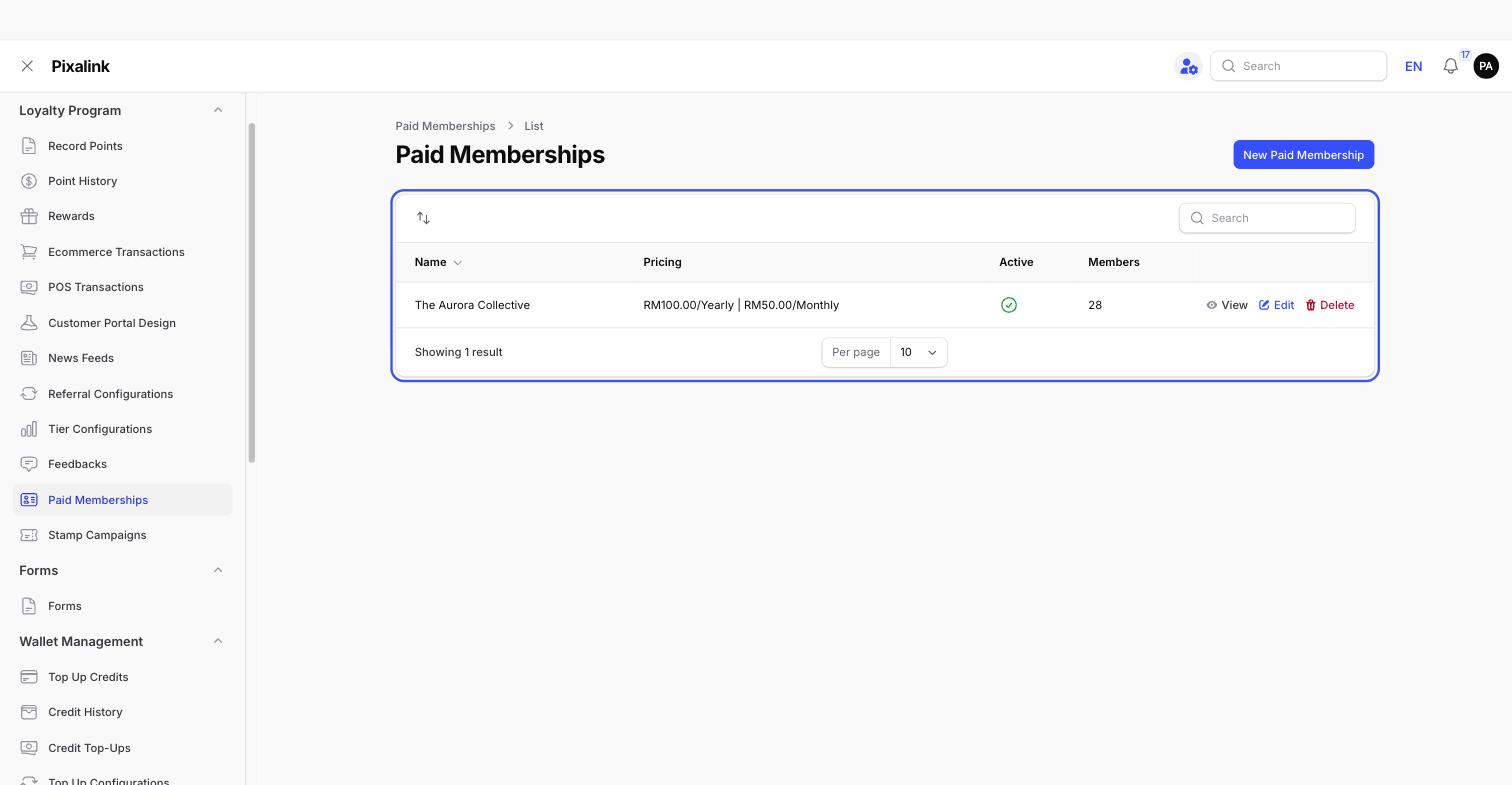 Pixalink admin Paid Memberships list highlighted, showing The Aurora Collective priced at RM100.00 per year and RM50.00 per month with a green active tick and 28 members