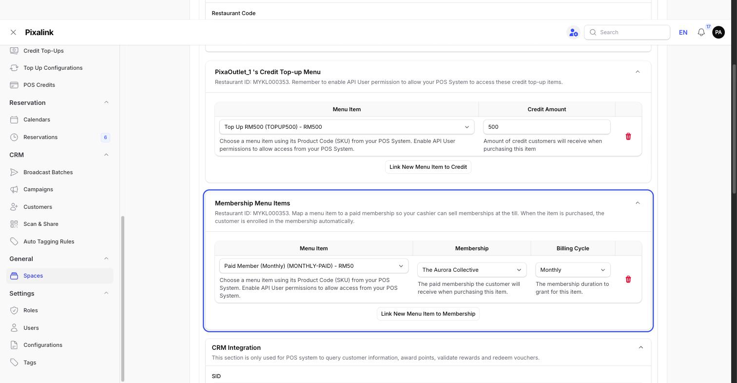 Space edit Configurations tab with the Membership Menu Items section highlighted, mapping the menu item Paid Member Monthly MONTHLY-PAID RM50 to The Aurora Collective membership on a Monthly billing cycle