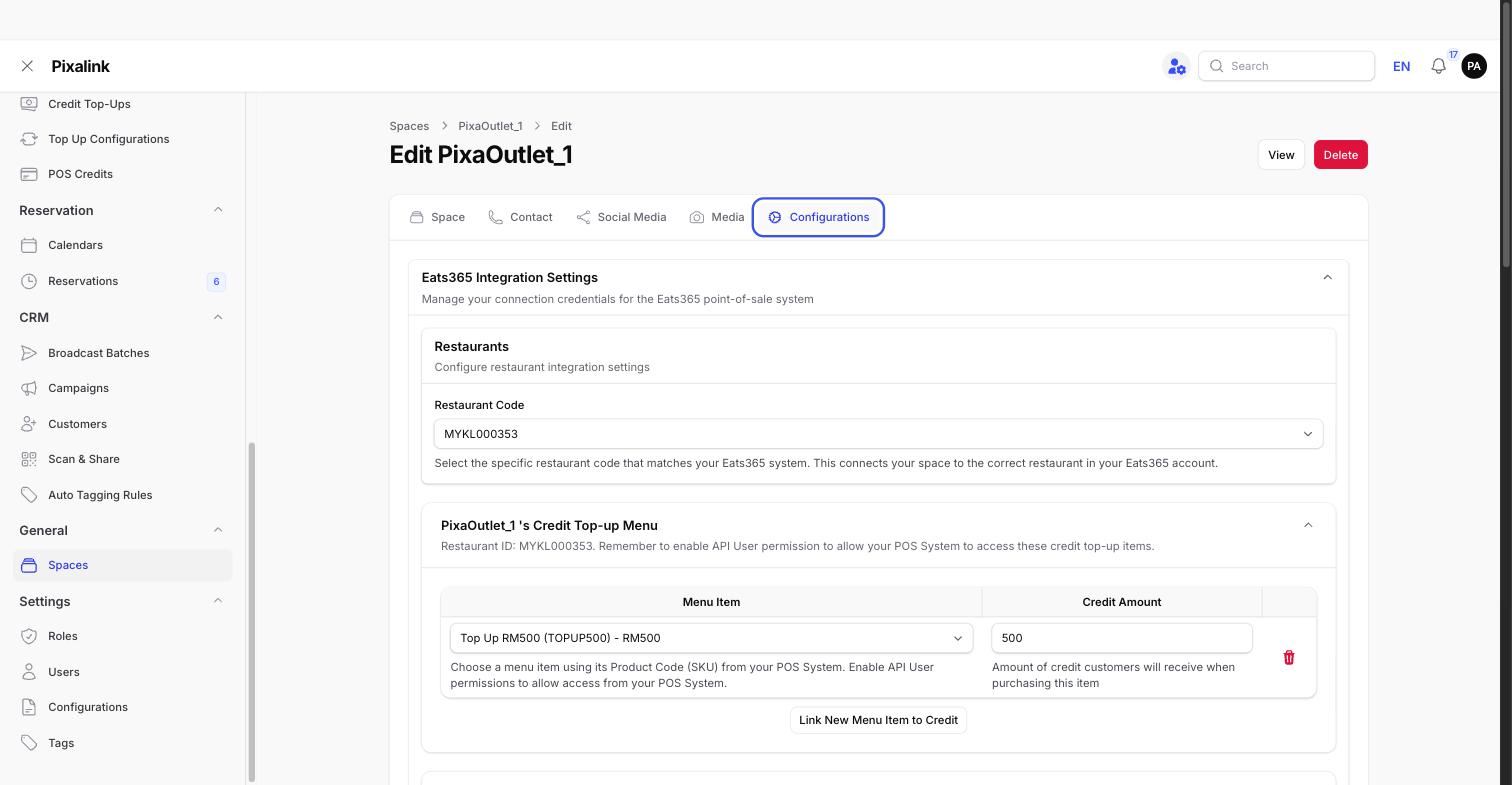 Edit space page with the Configurations tab highlighted, showing Eats365 Integration Settings and a Restaurant Code of MYKL000353 selected