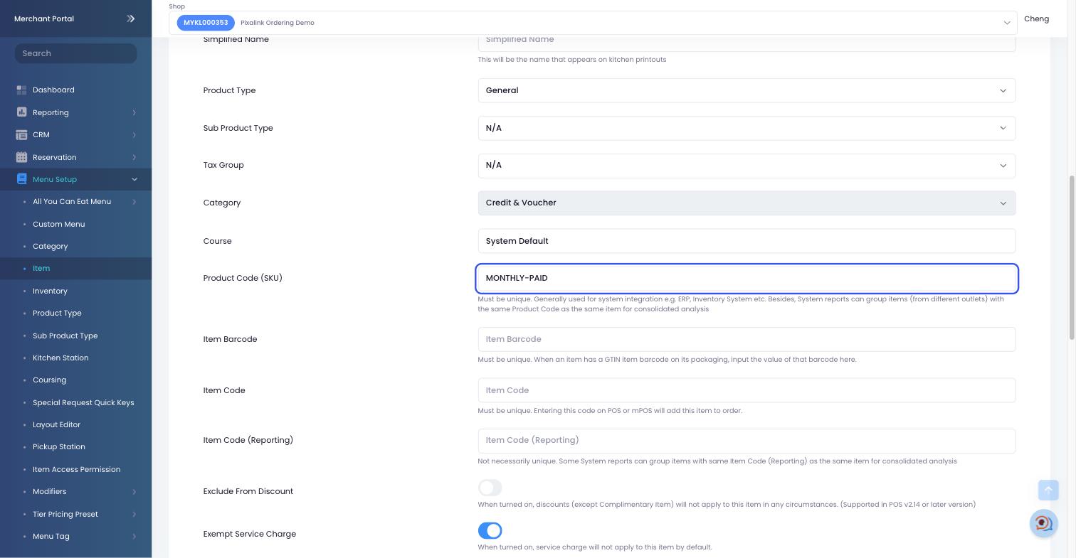 Eats365 merchant portal Edit Single Item page with the Product Code (SKU) field highlighted and set to MONTHLY-PAID