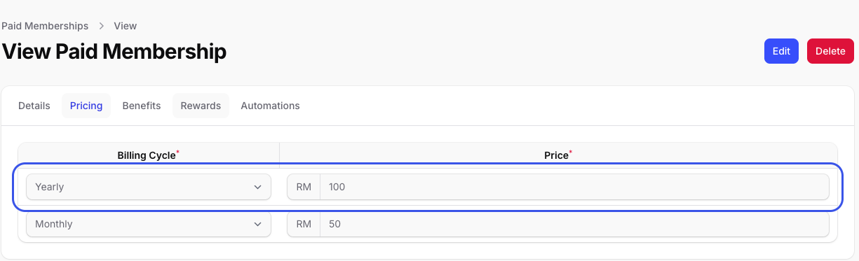 Paid membership Pricing tab showing a Yearly cycle priced at RM100 and a Monthly cycle priced at RM50, with the Yearly row highlighted