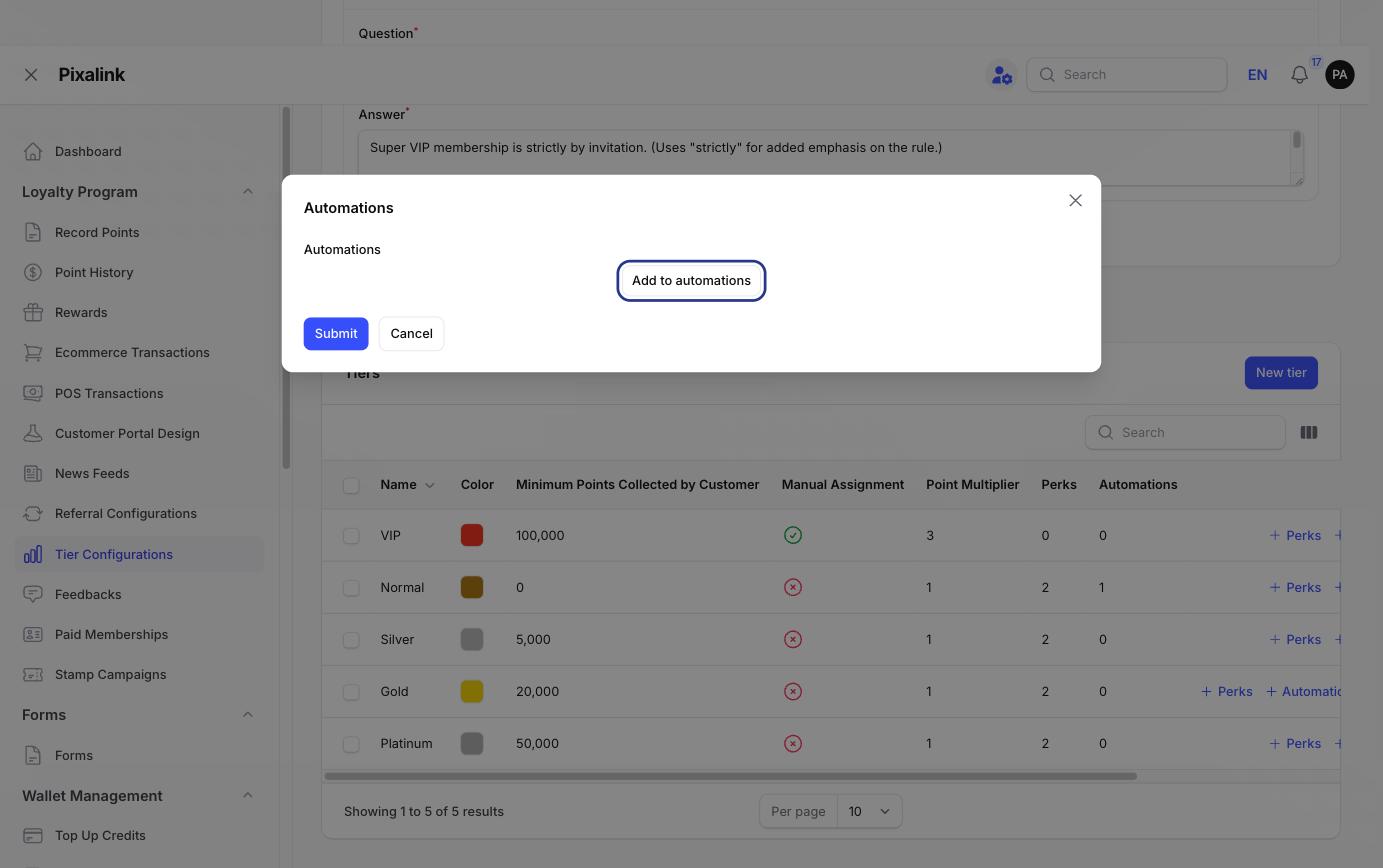 Automations modal for a tier showing the Add to automations button before any automation blocks have been added