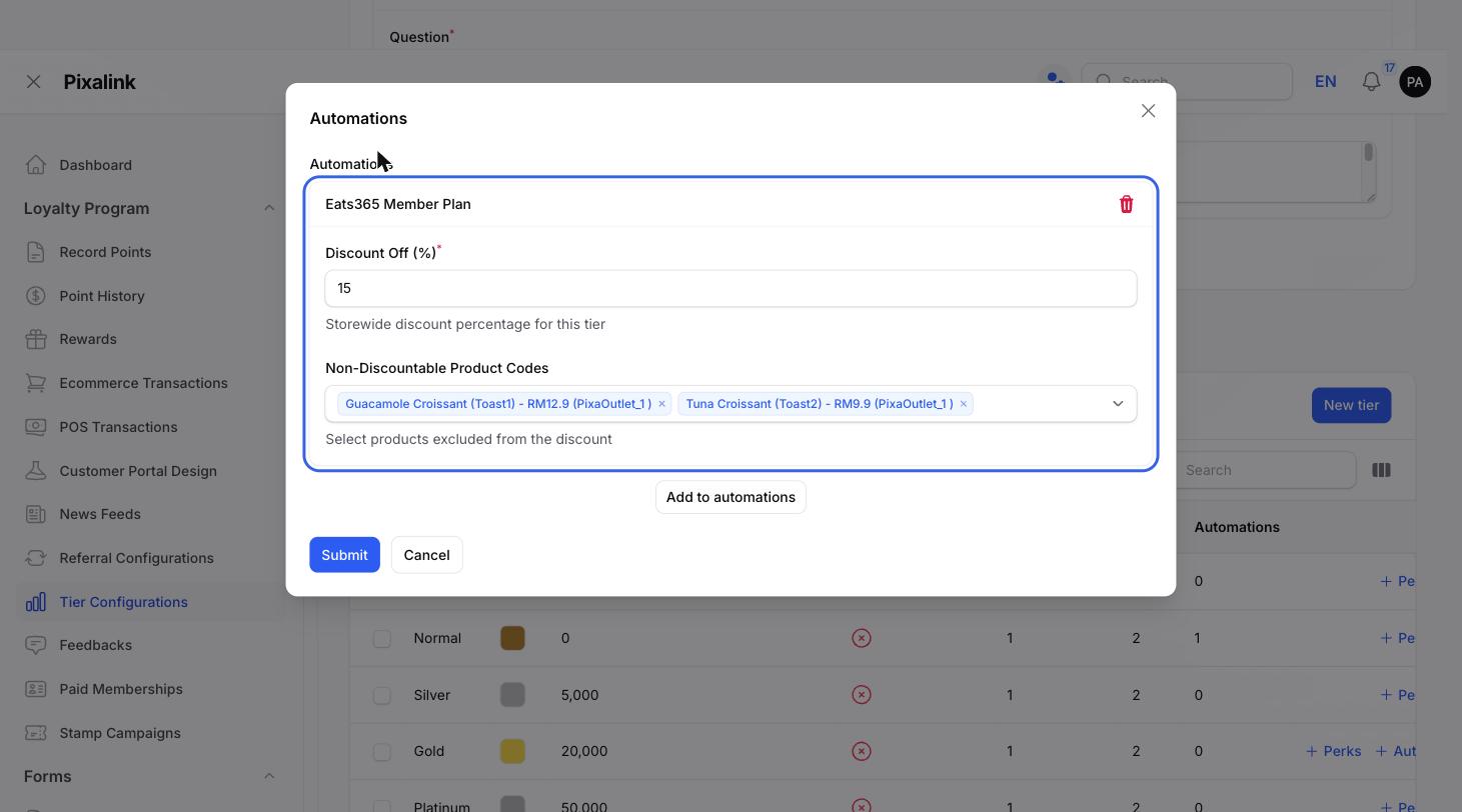 Eats365 Member Plan automation block with Discount Off set to 15 percent and two products selected as Non-Discountable Product Codes