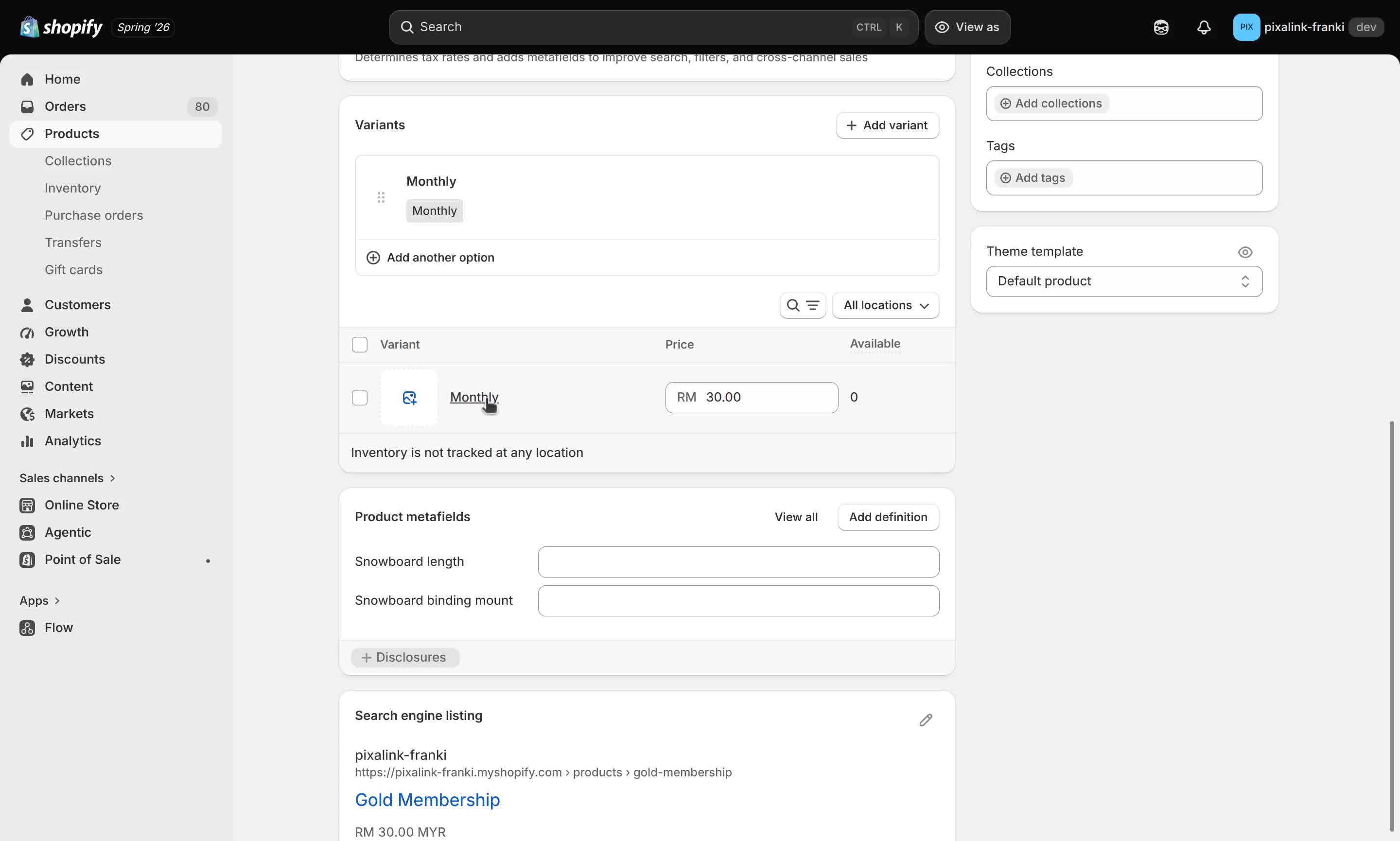 Shopify admin product page for Gold Membership showing a Monthly variant priced at RM30