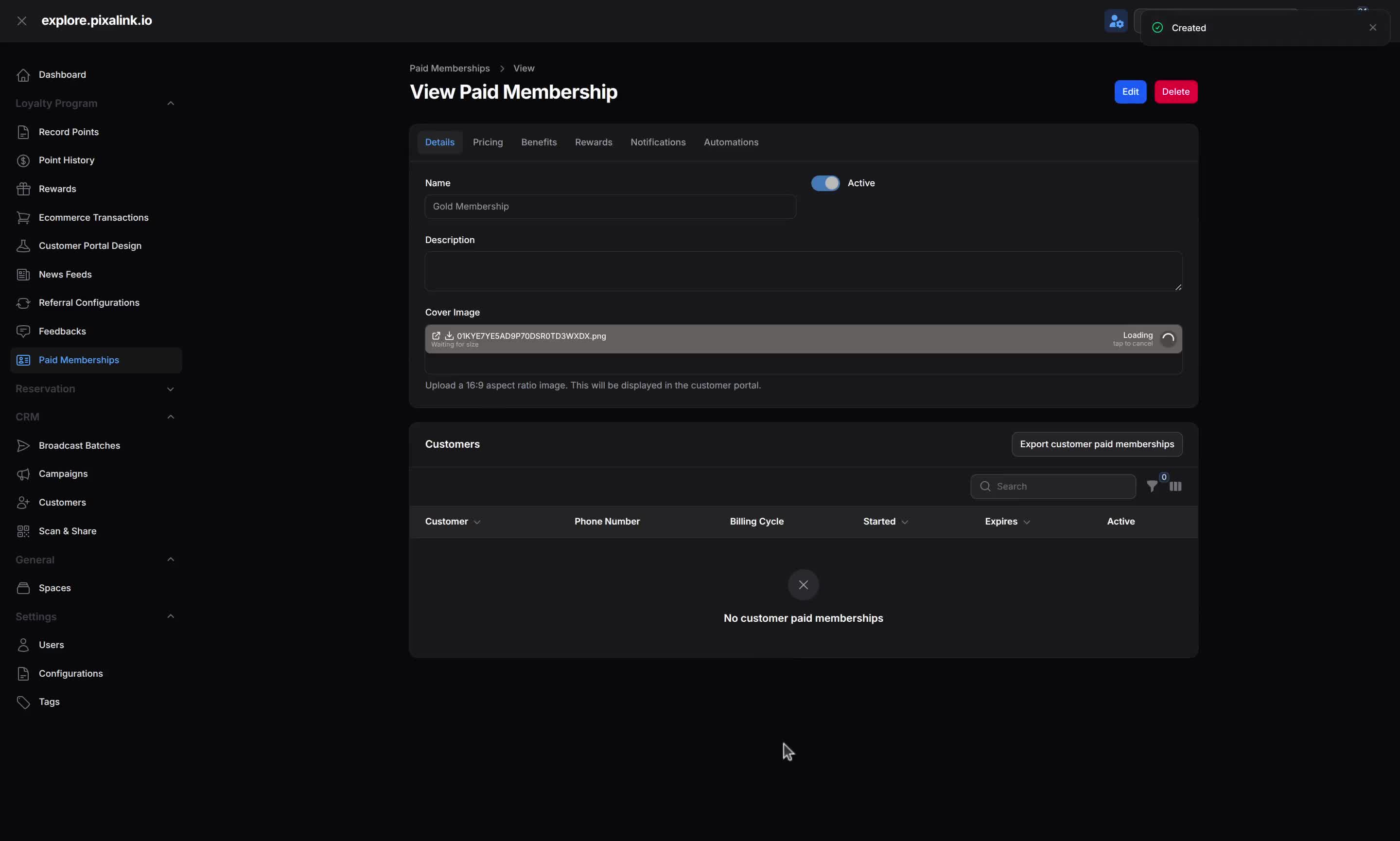 Pixalink Paid Membership view for Gold Membership showing the Active toggle switched on