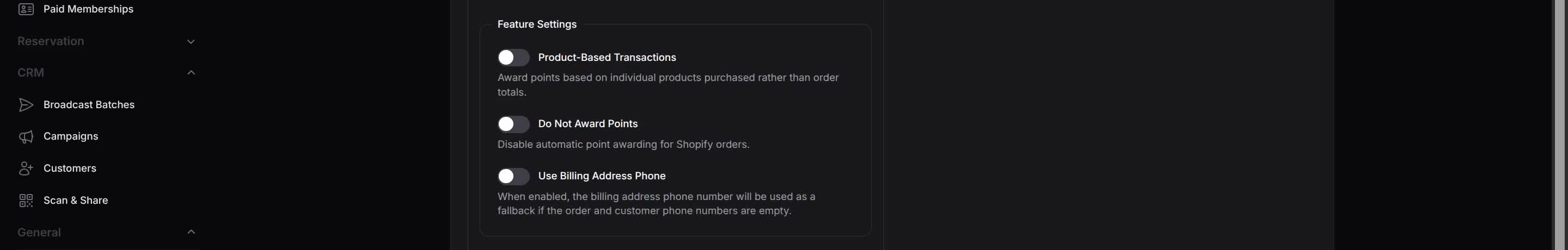 Shopify integration Feature Settings with Product-Based Transactions, Do Not Award Points, and Use Billing Address Phone toggles