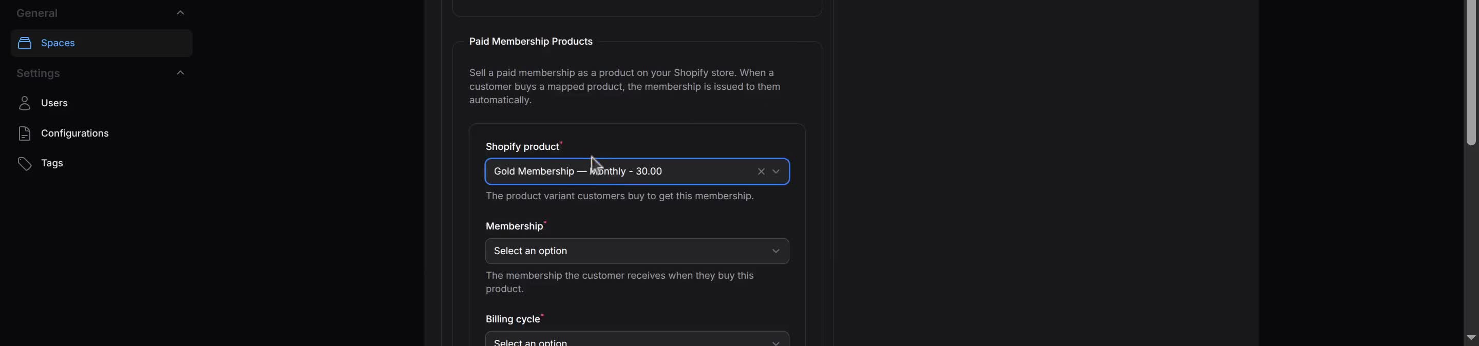 Paid Membership Products mapping with Shopify product Gold Membership Monthly selected, plus Membership and Billing cycle fields