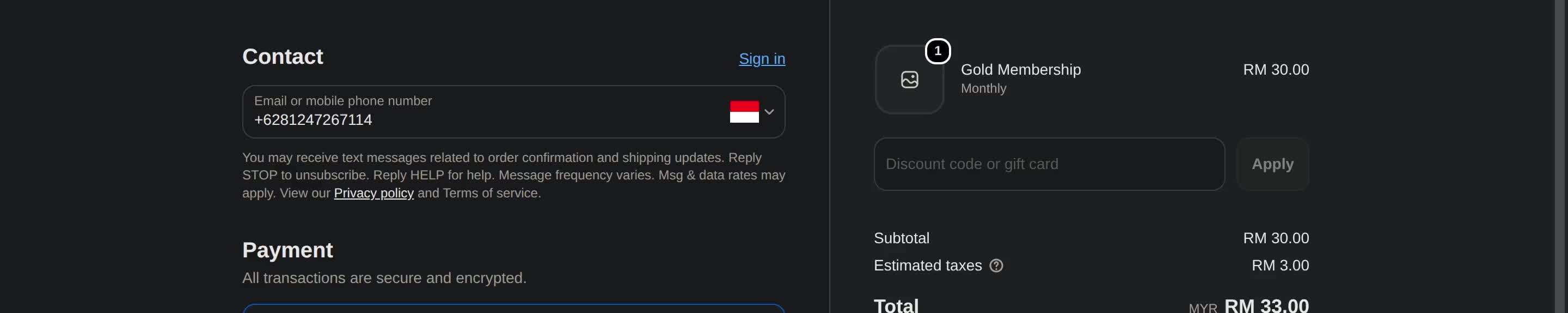 Shopify checkout showing the Gold Membership in the cart with an RM30 subtotal, RM3 tax, and RM33 total