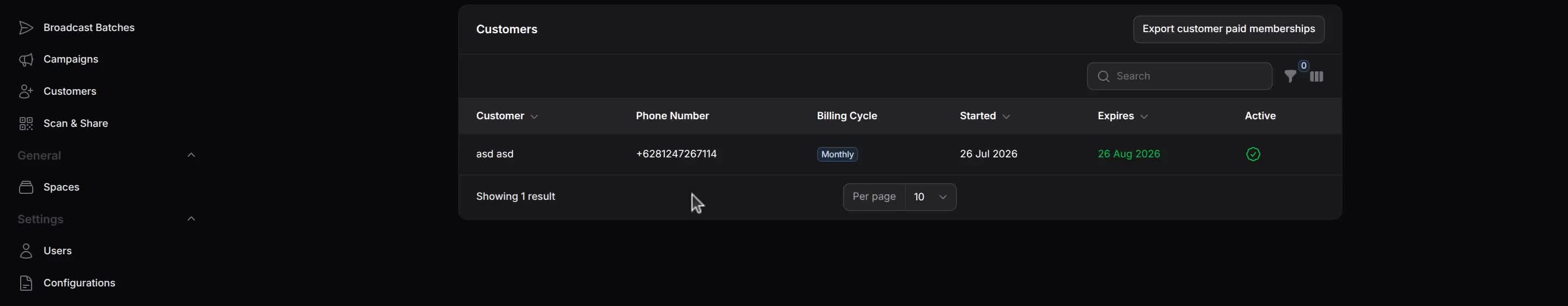 Paid Membership Customers list showing an enrolled customer with a Monthly cycle, start and expiry dates, and an active tick