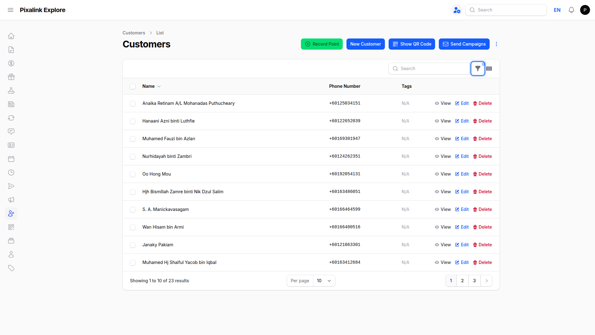 Customers list with the Filter funnel icon at the top right highlighted