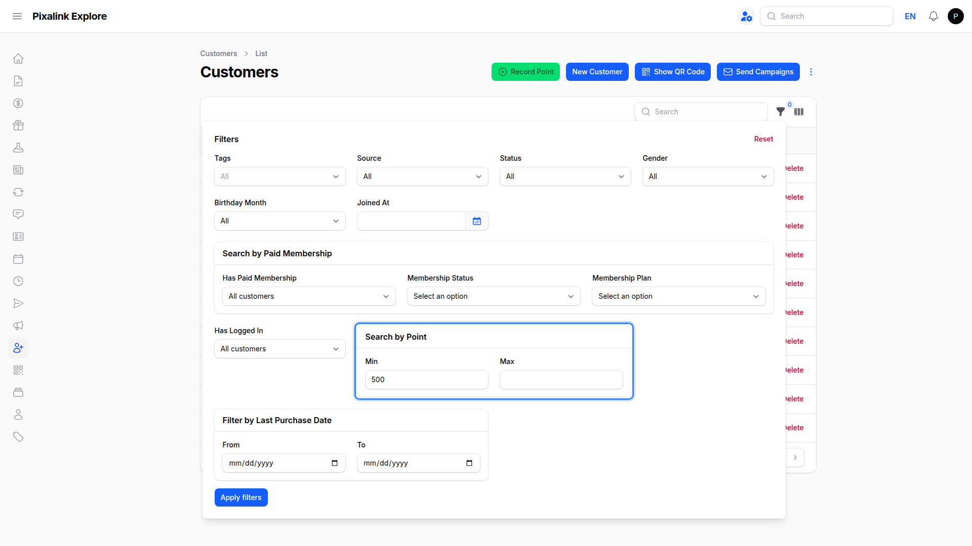 Customer filters panel with the Search by Point section highlighted and a minimum points value entered