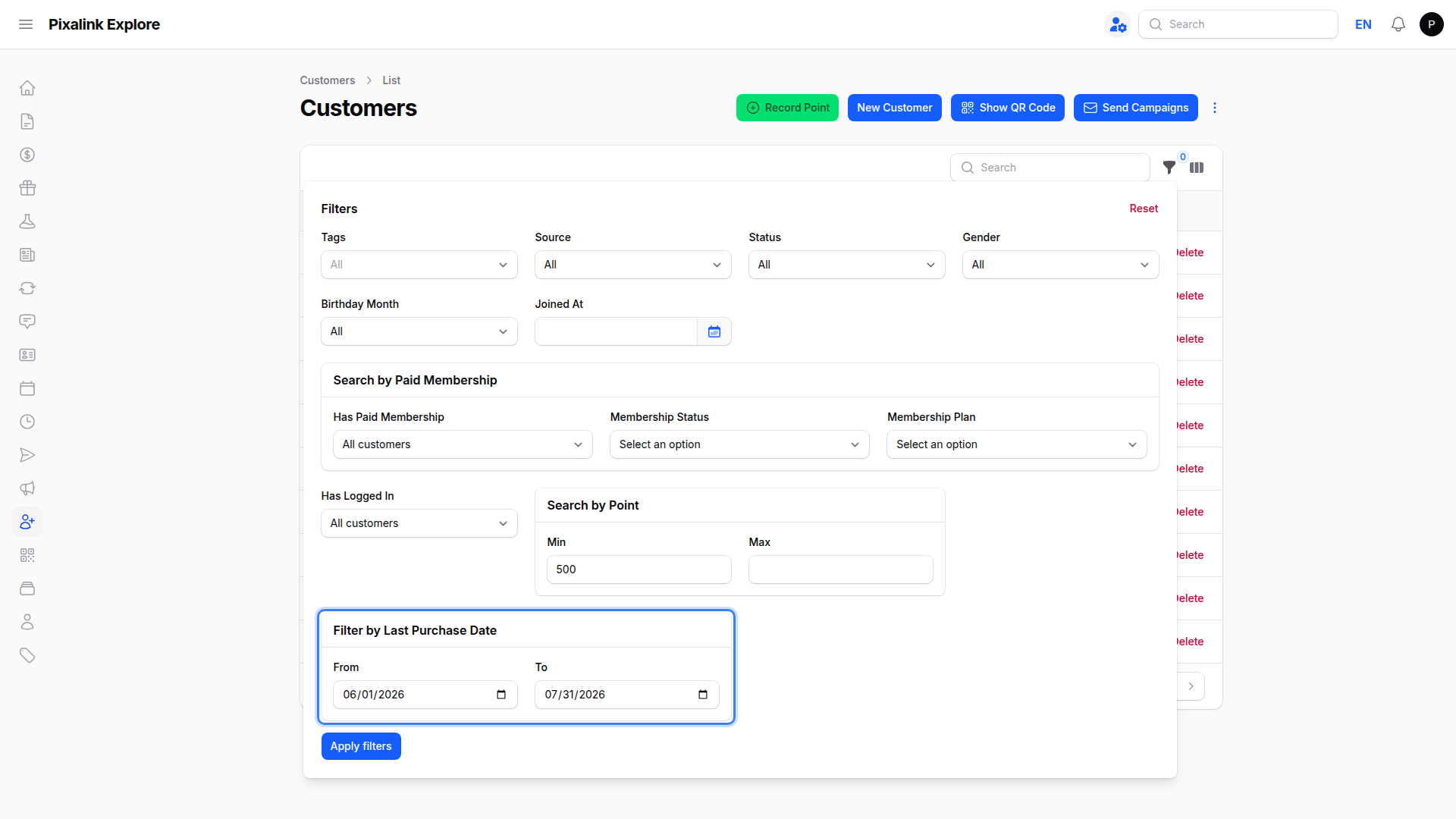 Customer filters panel with the Filter by Last Purchase Date section highlighted showing a From and To date range