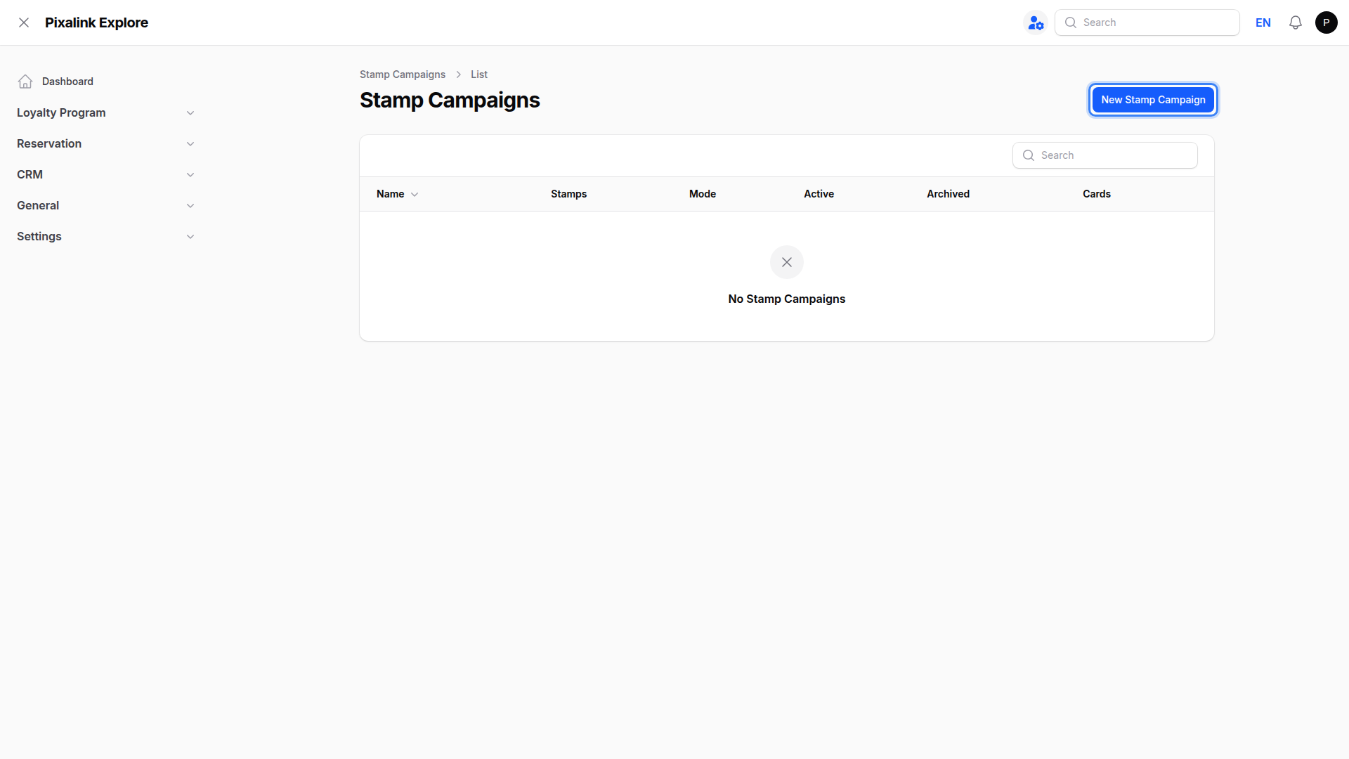 Stamp Campaigns list page with the New Stamp Campaign button highlighted at the top right