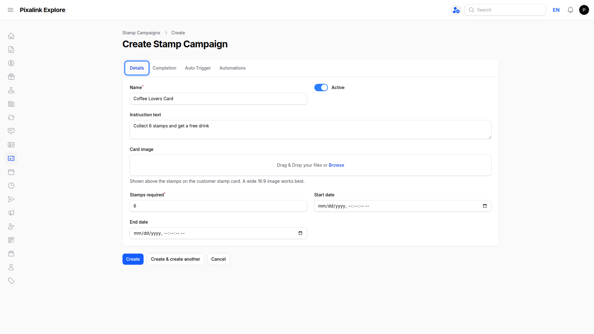 Create Stamp Campaign form on the Details tab showing Name, Active toggle, Instruction text, Card image, Stamps required, and date fields