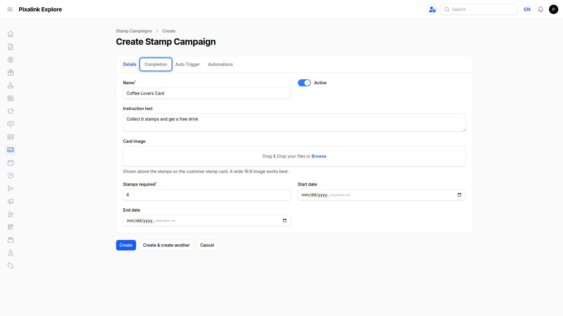 Create Stamp Campaign form with the Completion tab highlighted showing the Completion behaviour options