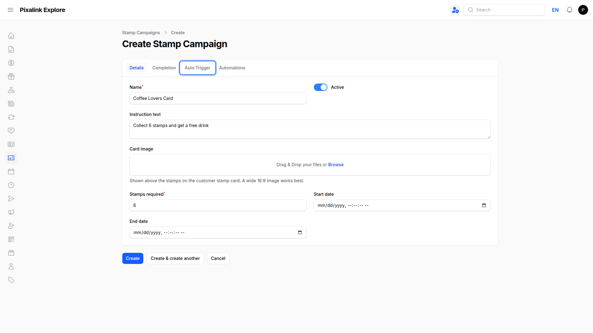Create Stamp Campaign form with the Auto Trigger tab highlighted showing the auto-trigger mode and amount fields