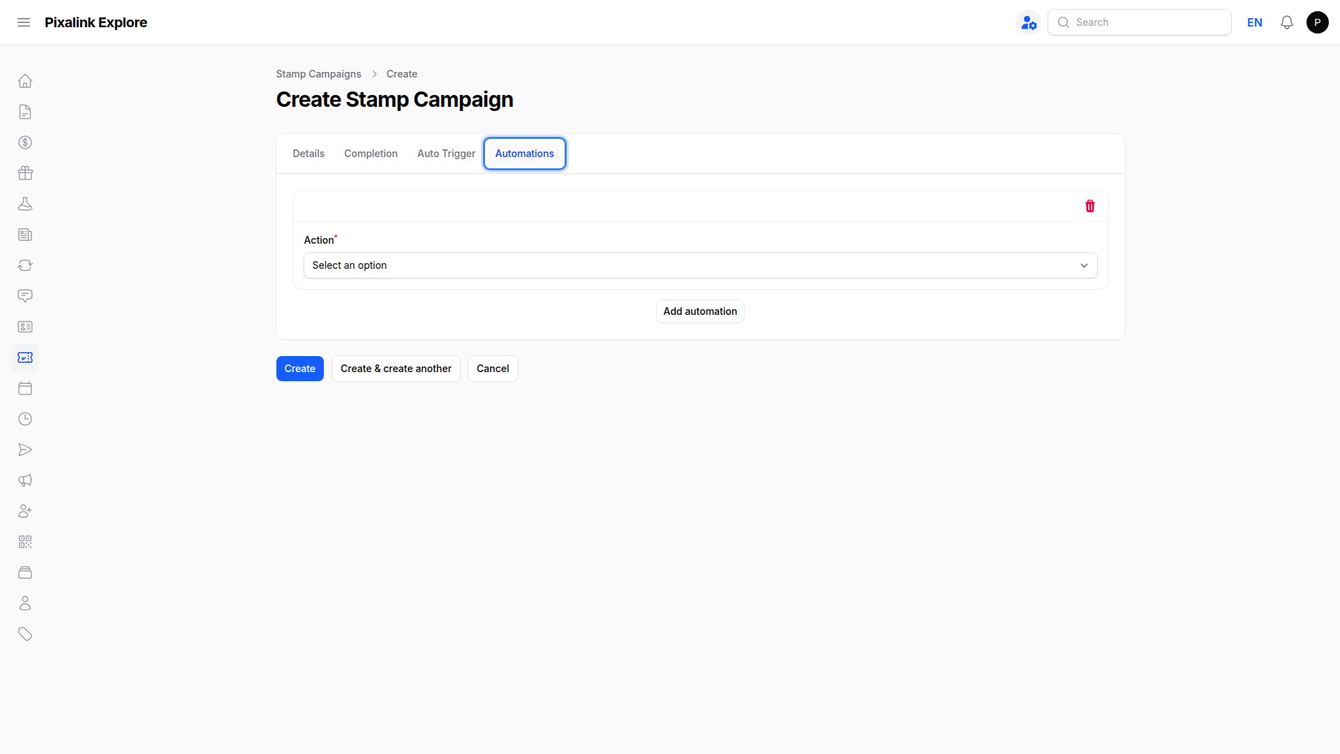 Create Stamp Campaign form with the Automations tab highlighted showing an automation row with the Action options
