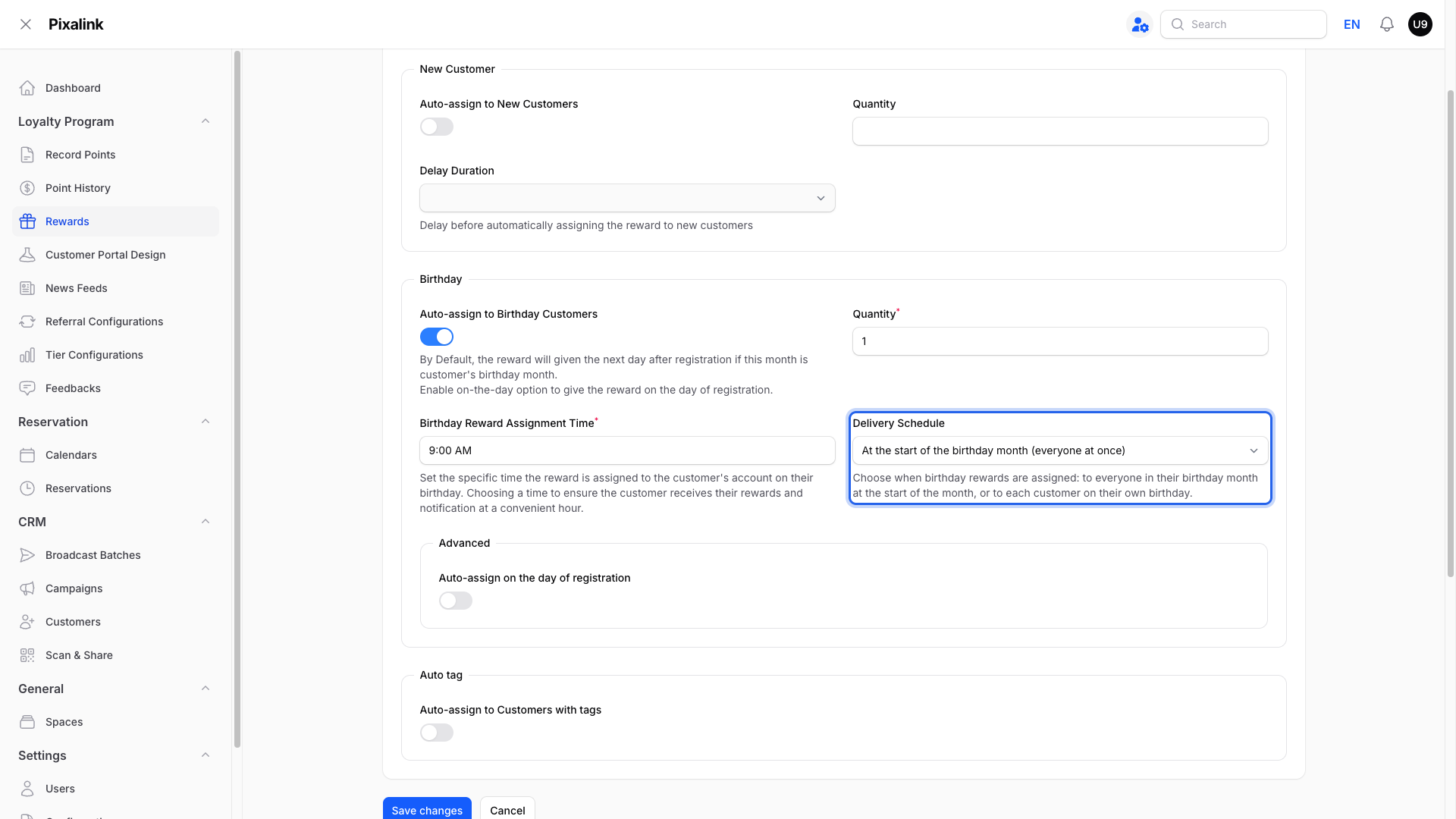 Reward Automations tab, Birthday section, with the Delivery Schedule dropdown highlighted showing "At the start of the birthday month (everyone at once)"