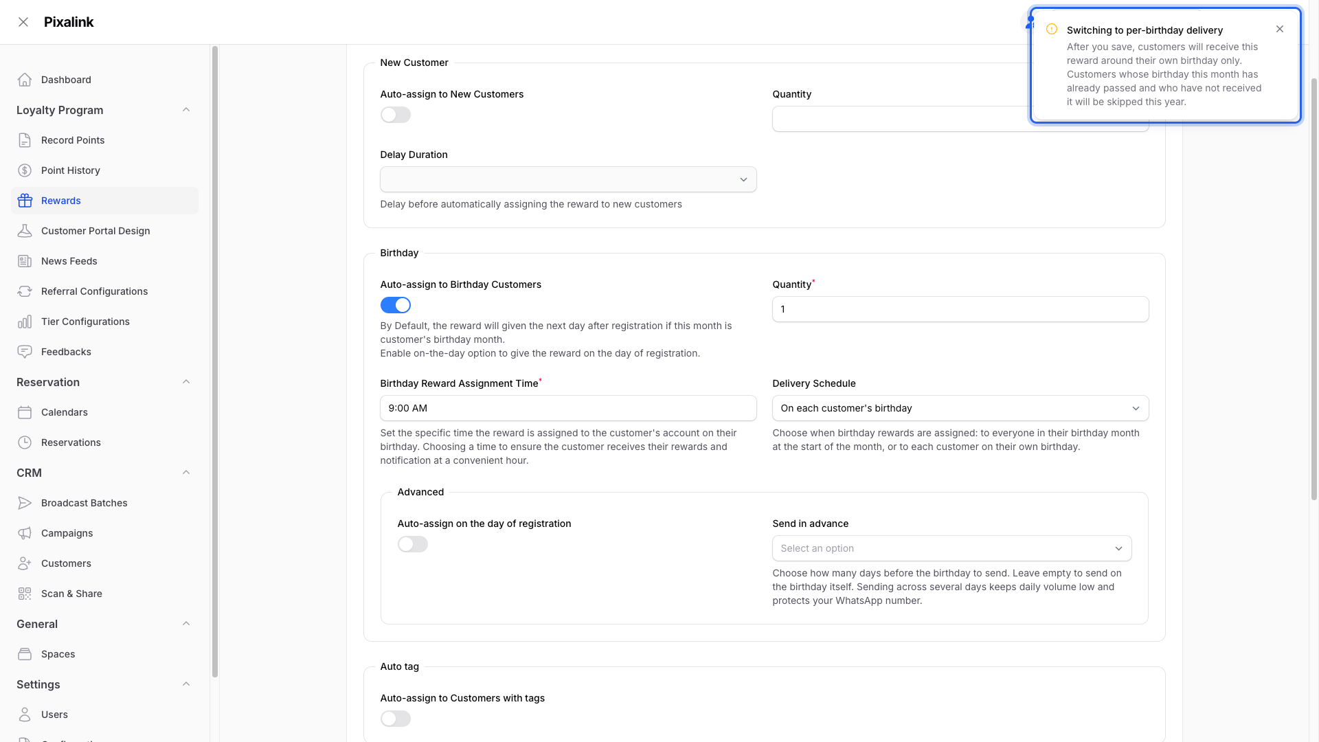 Warning notification "Switching to per-birthday delivery" shown after changing the Delivery Schedule dropdown, with the Send in advance option now visible in the Advanced section