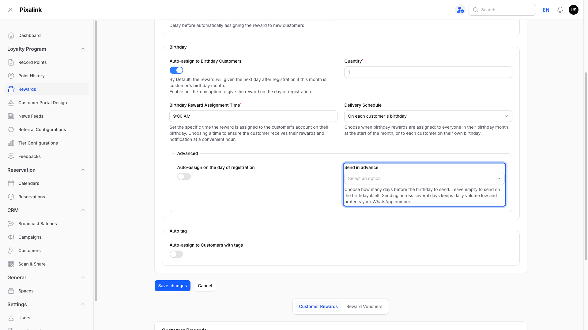 Birthday section Advanced settings with the Send in advance dropdown highlighted, visible when Delivery Schedule is set to On each customer's birthday