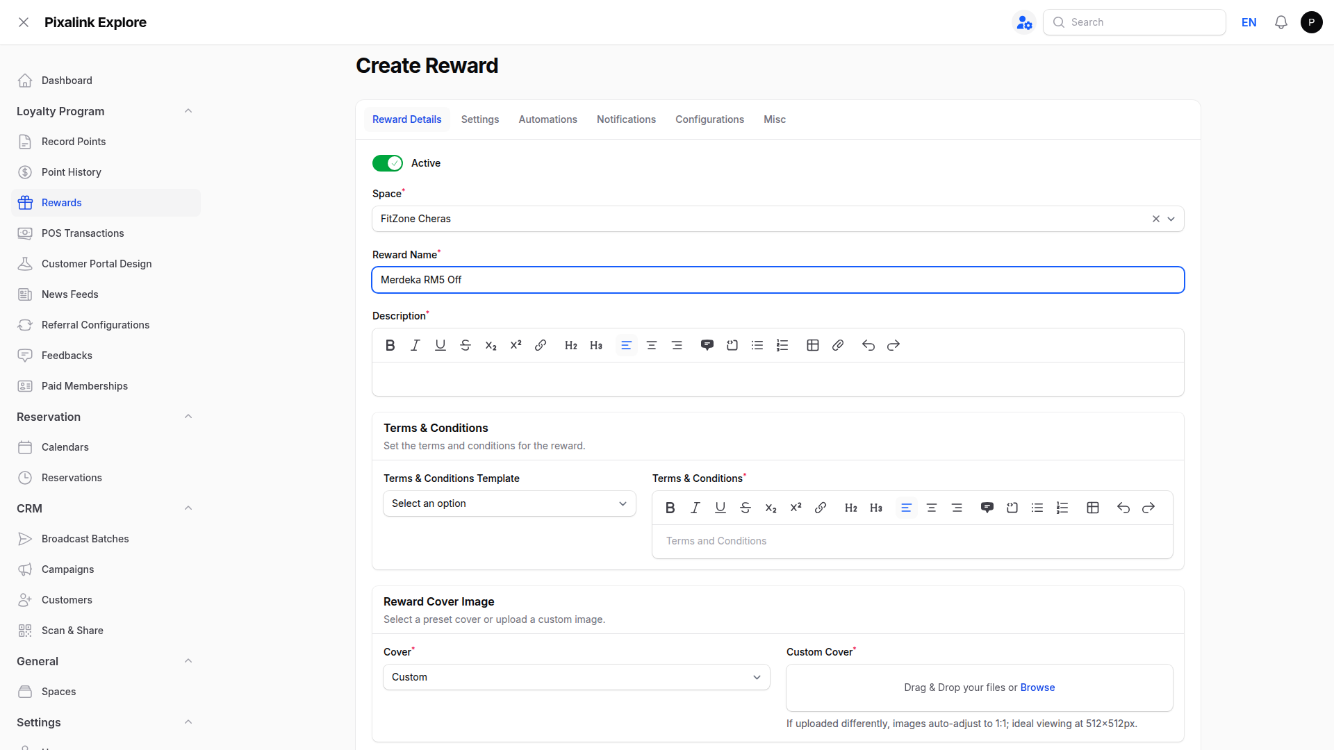 Create Reward page, Reward Details tab, with the Reward Name field set to Merdeka RM5 Off and highlighted